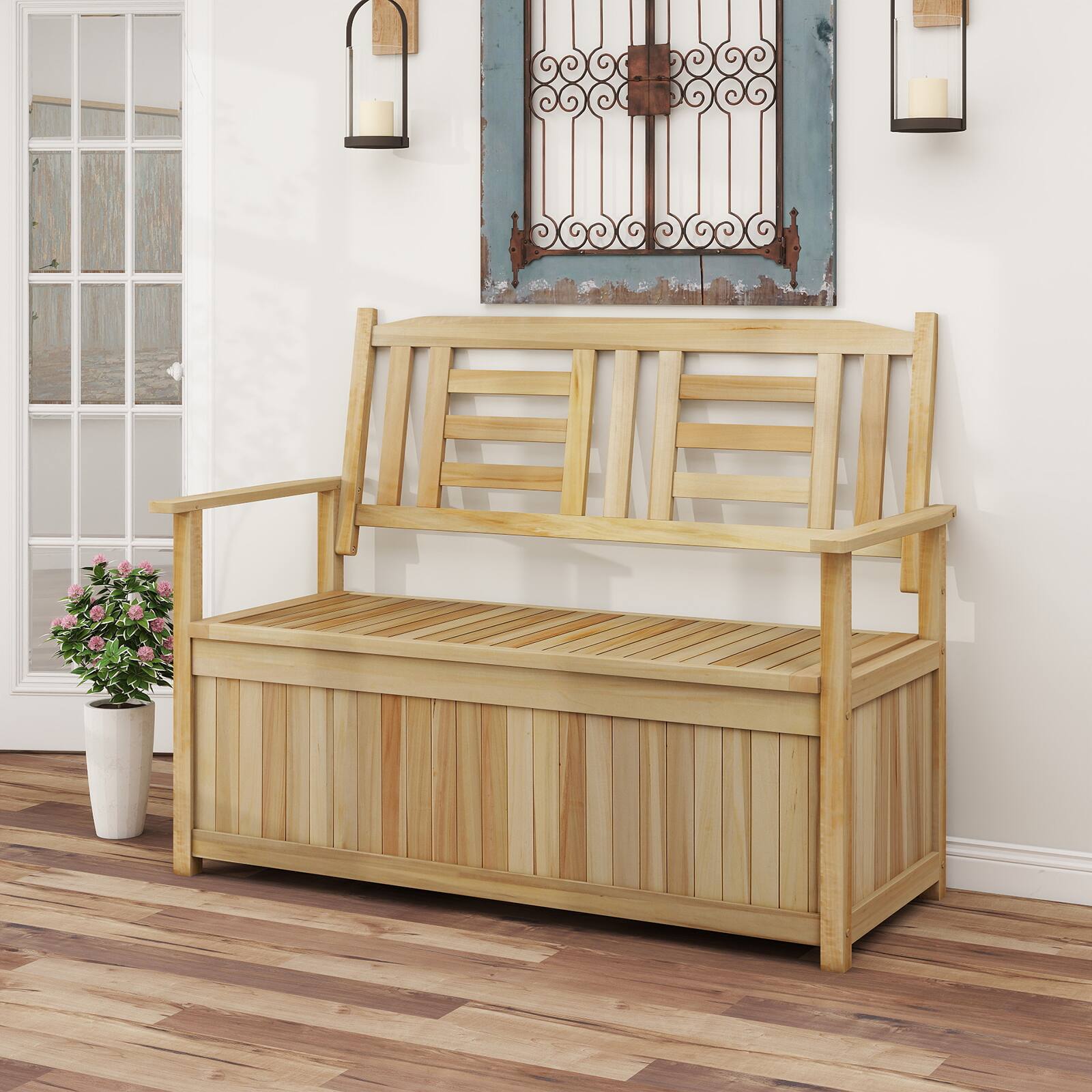 Alt View 9. Gymax - Gymax Storage Bench Outdoor Solid Wood Deck Box w/Backrest Slatted Seat & Armrests - Yellow.