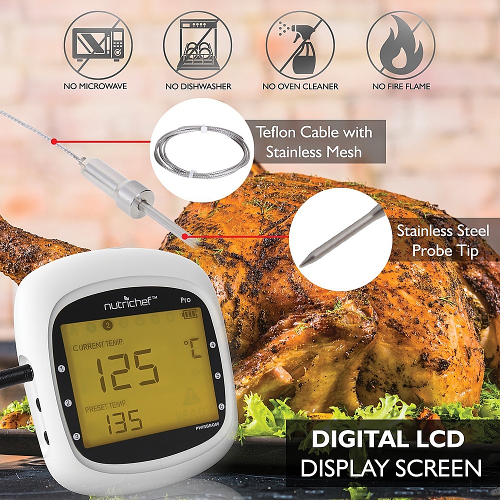 NutriChef Bluetooth Meat Thermometer for Grilling and Smoking - Wifi Grill  Thermometer for Outside BBQ and Smoker Oven - 6 Temperature Probes and