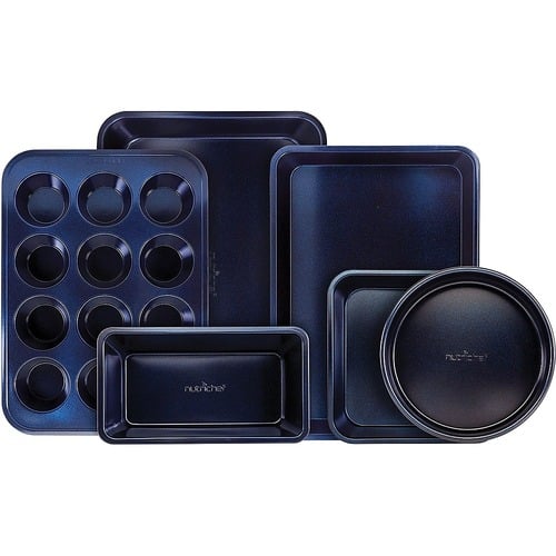 NutriChef 6 Piece Non-Stick Commercial-Grade Restaurant-Quality Kitchen Oven Carbon Steel Baking Pans with Muffin Pan & Cookie Sheet, Blue Diamond