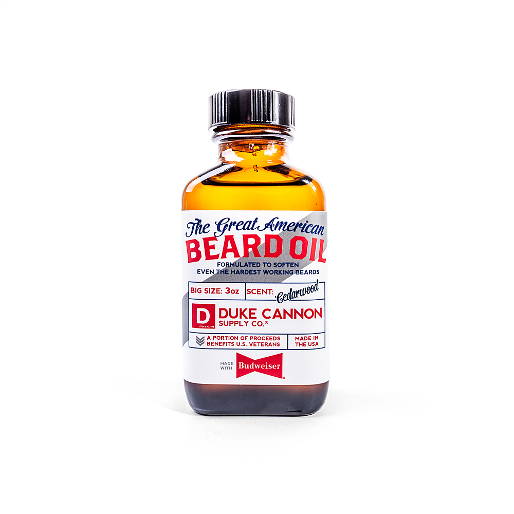 Left View: Duke Cannon - Great American Beard Oil - Made with Budweiser - Multi