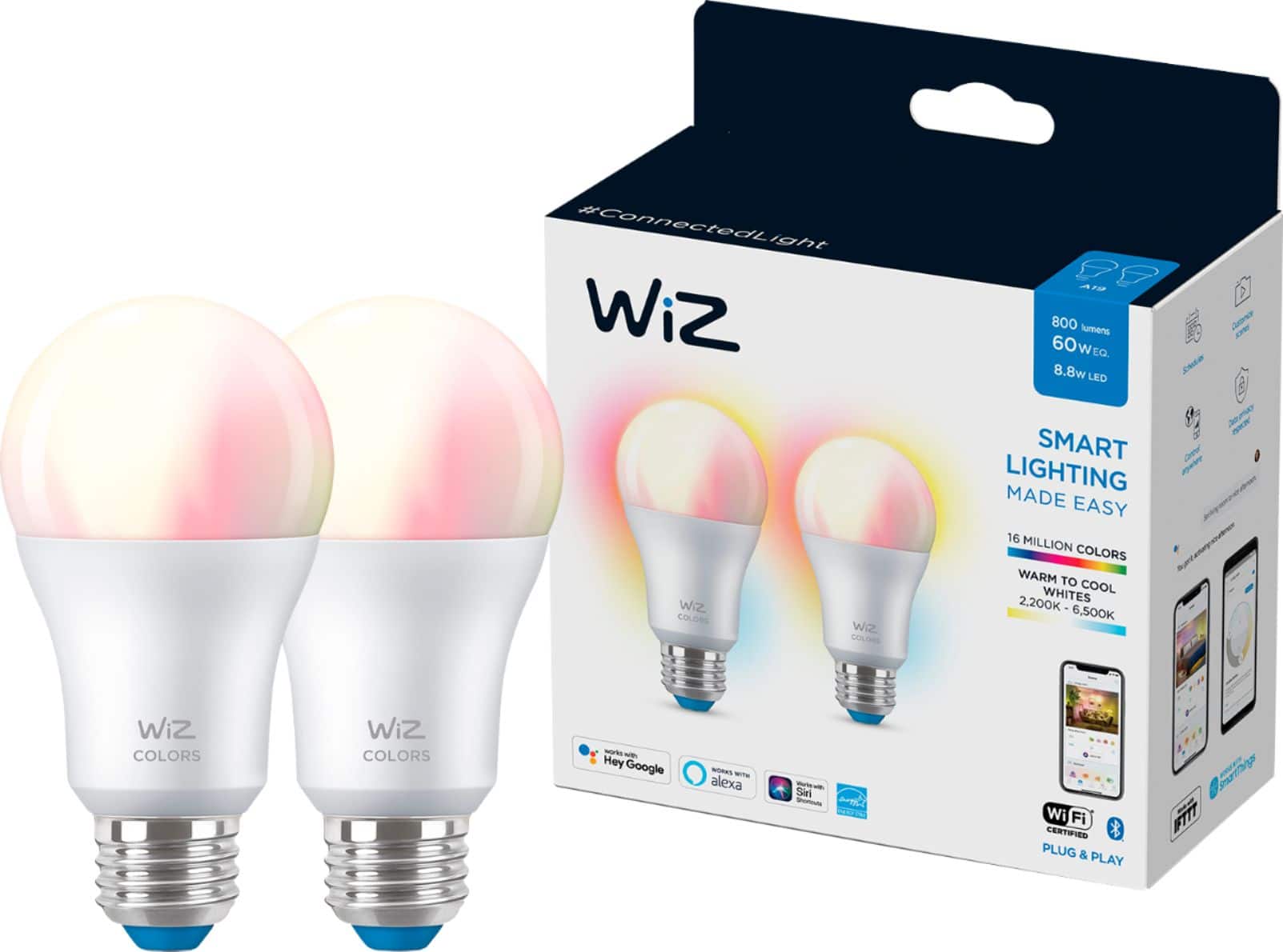 Angle. WiZ - A19 60W Bulbs (2-Pack) - Color.