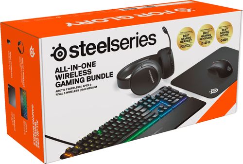 SteelSeries Glow-Up Wired Bundle Arctis 1 Wireless headset, Apex 3 keyboard, Rival 3 Wireless mouse, and QcK mousepad - Black