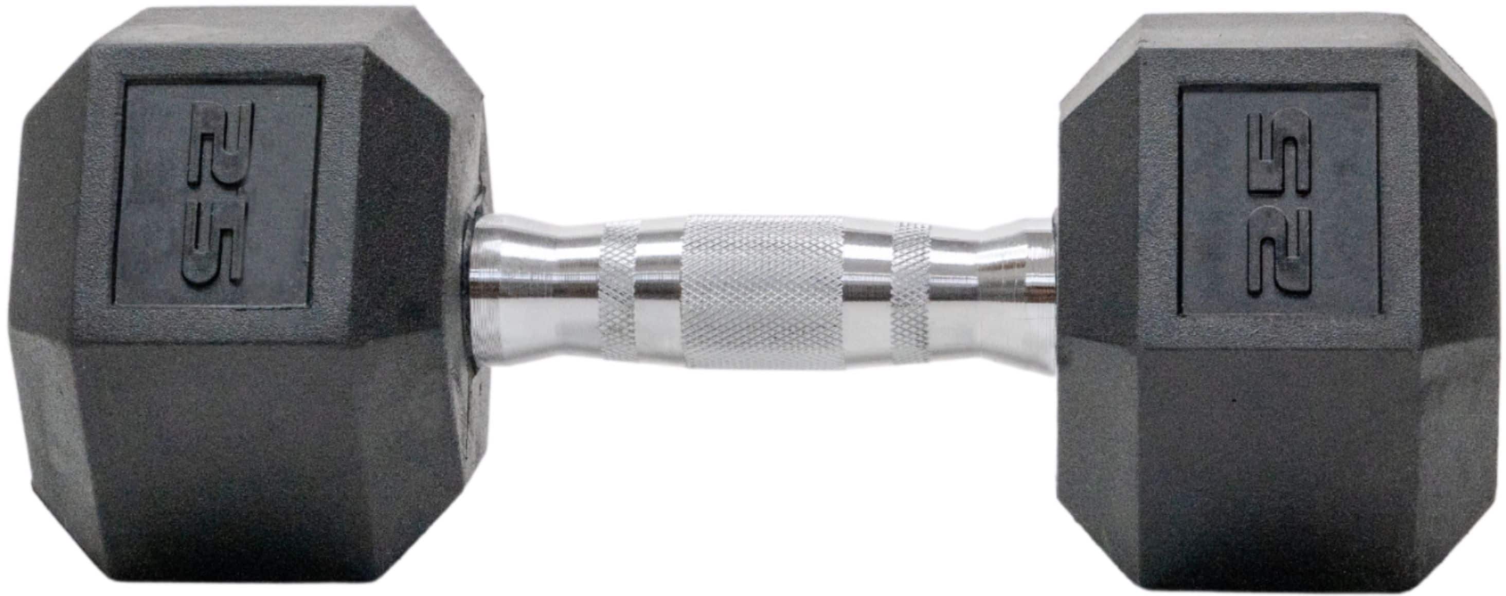 Front. Tru Grit - 25-lb Hex Rubber Coated Dumbbell Single - Black/Silver.