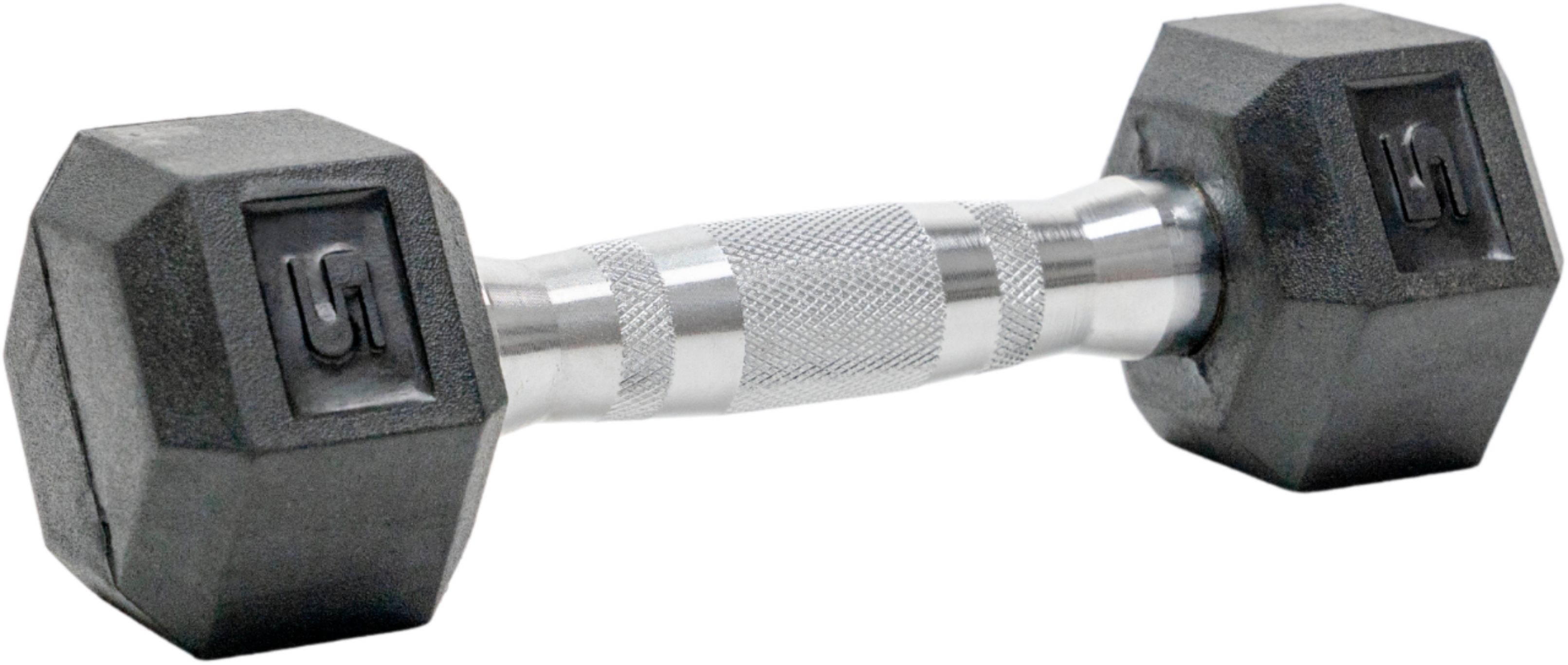 Angle. Tru Grit - 5-lb Hex Rubber Coated Dumbbell Single - Black/Silver.