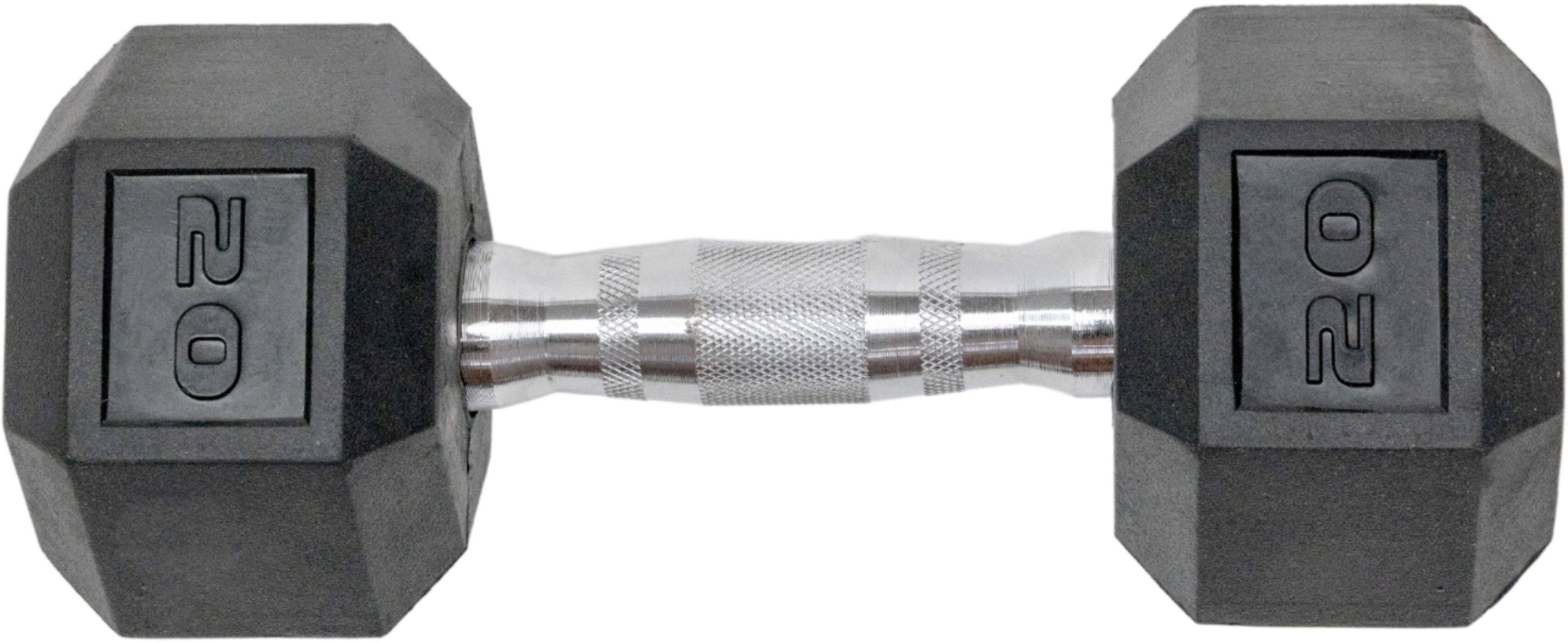 Left. Tru Grit - 20-lb Hex Rubber Coated Dumbbell Single - Black/Silver.