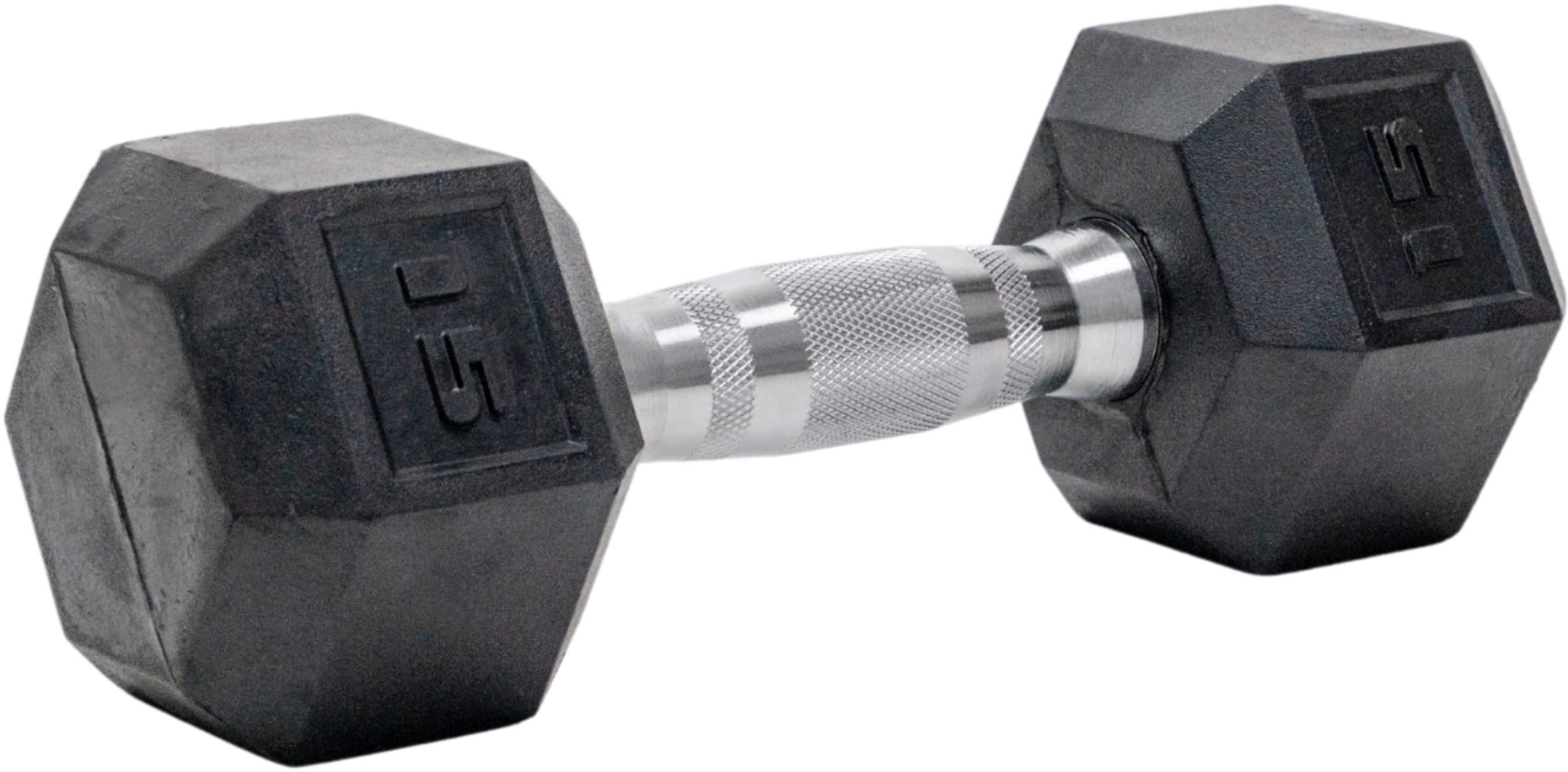 Angle. Tru Grit - 15-lb Hex Rubber Coated Dumbbell Single - Black/Silver.