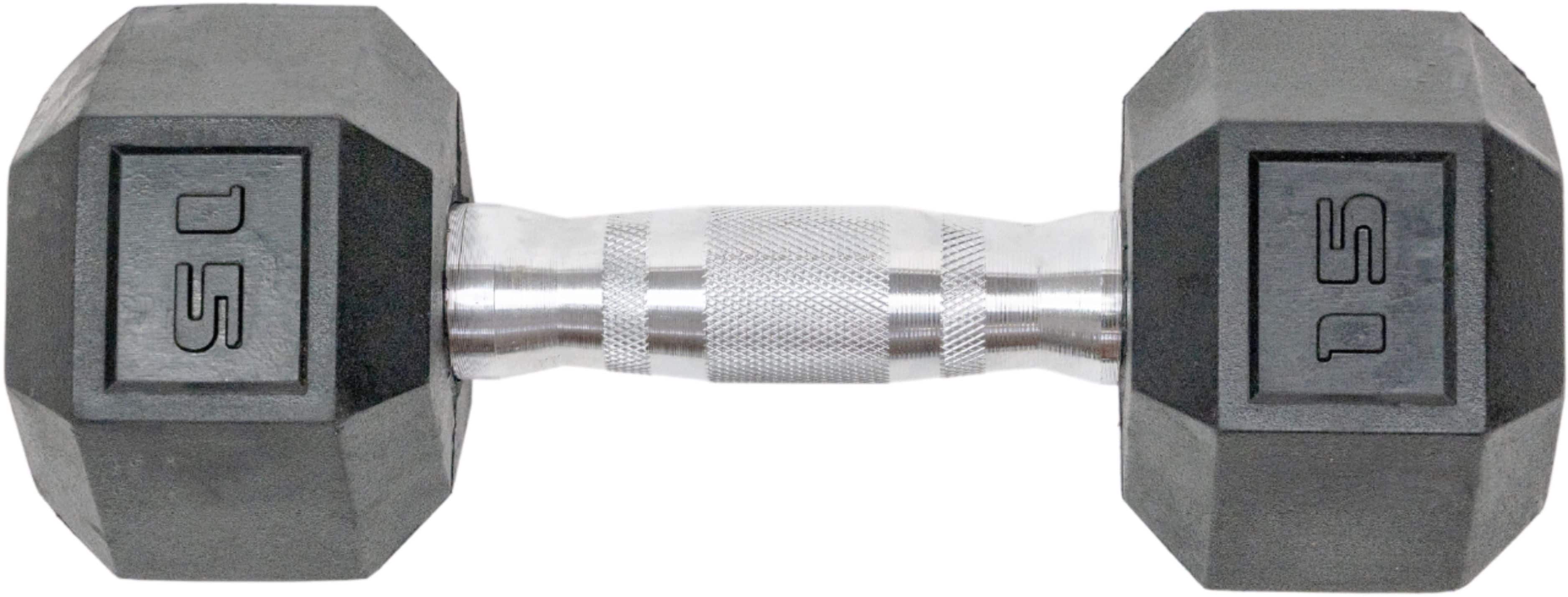 Left. Tru Grit - 15-lb Hex Rubber Coated Dumbbell Single - Black/Silver.