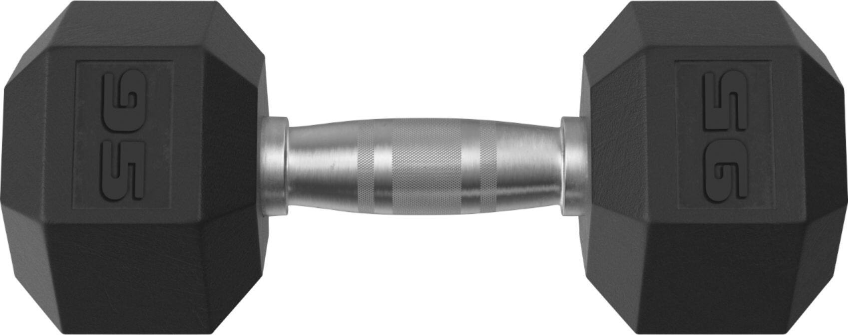 Angle. Tru Grit - 95-lb Hex Rubber Coated Dumbbell Single - Black/Silver.