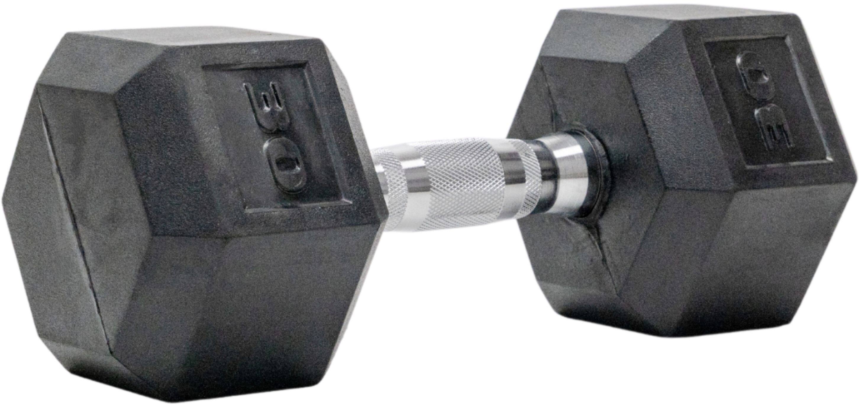 Angle. Tru Grit - 30-lb Hex Rubber Coated Dumbbell Single - Black/Silver.