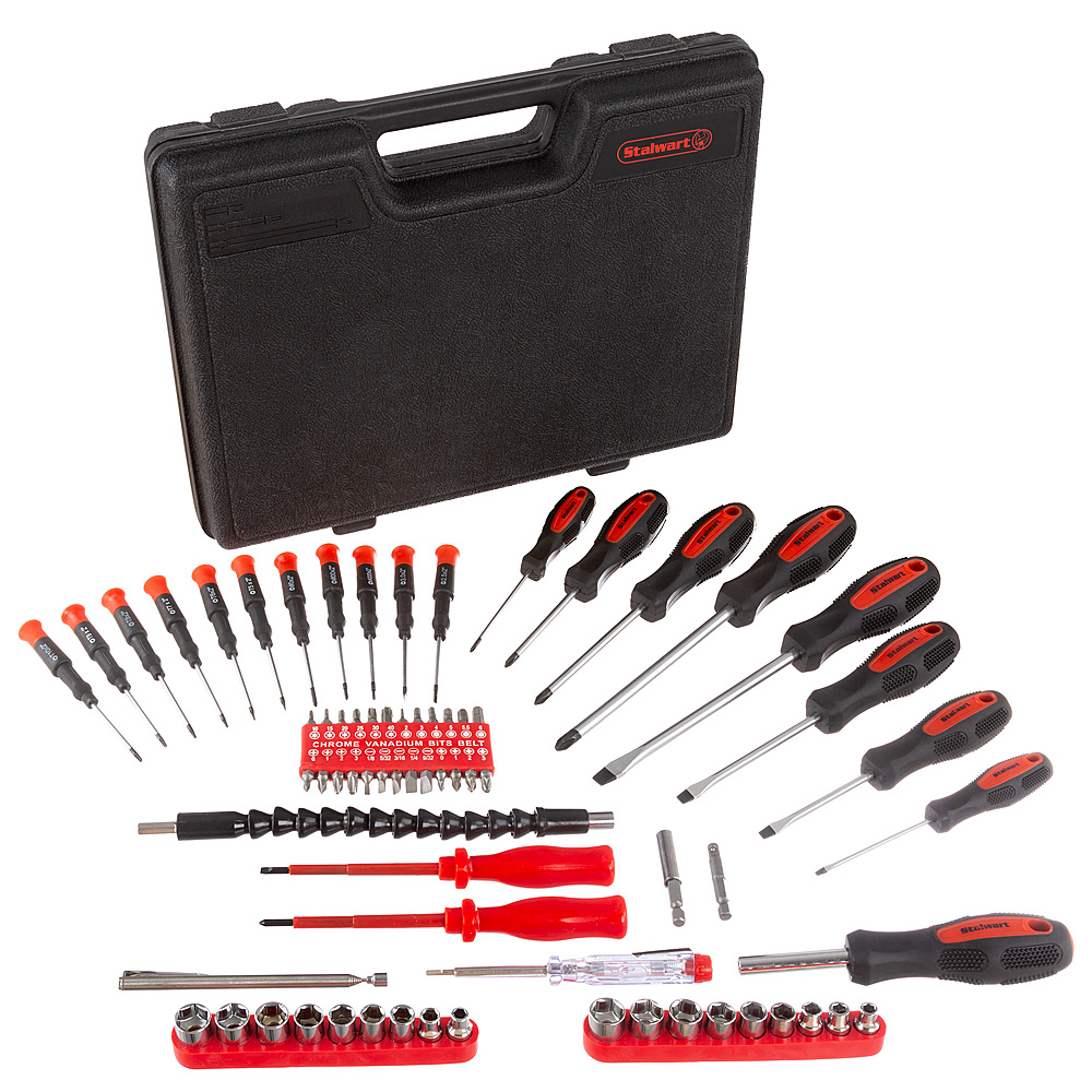 Stalwart - Screwdriver Set – 70 Piece SAE and Metric Heat Treated Hand Tool Kit with Carrying Case and Magnetized Tips - Red, Black