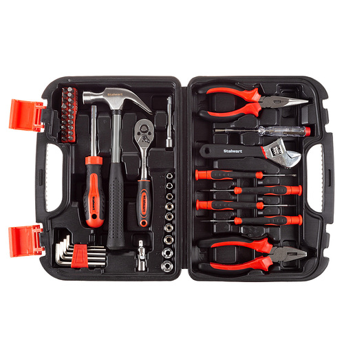 Stalwart - Tool Kit - 47 Heat-Treated Pieces with Carrying Case - Essential Steel Hand Tool and Basic Repair Set - Red, Black