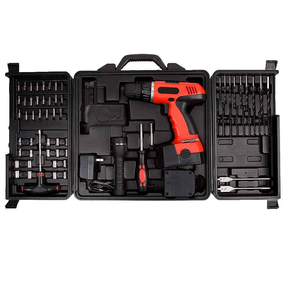 Trademark Home - Fleming Supply Cordless Drill Tool Set- 78 Piece Drill Bits, Sockets, Drivers, Spades and Flashlight in a Carry Case - Black, Red