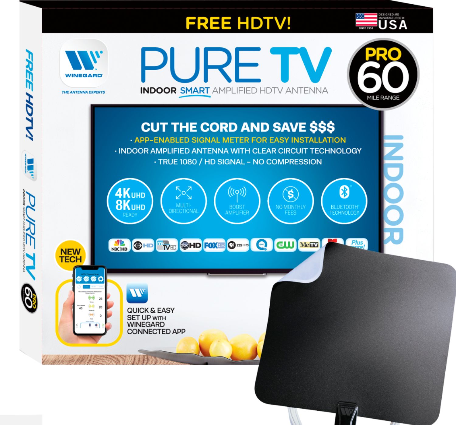 Winegard - PureTV Pro 60 - Indoor Smart Amplified HDTV Antenna + Integrated Channel Finder - Black and White