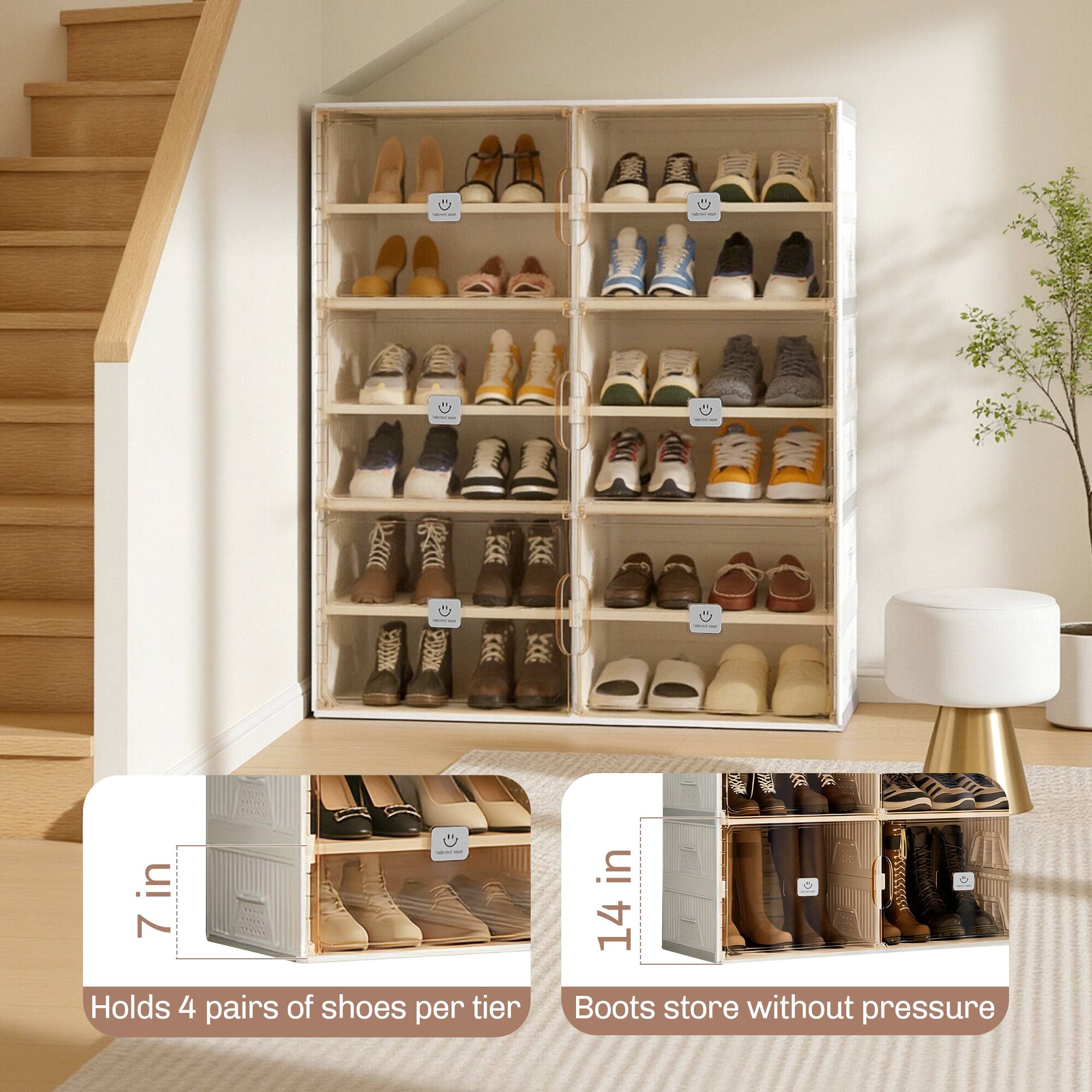 - 7 in
- 14 in
- Holds 4 pairs of shoes per tier
- Boots store without pressure