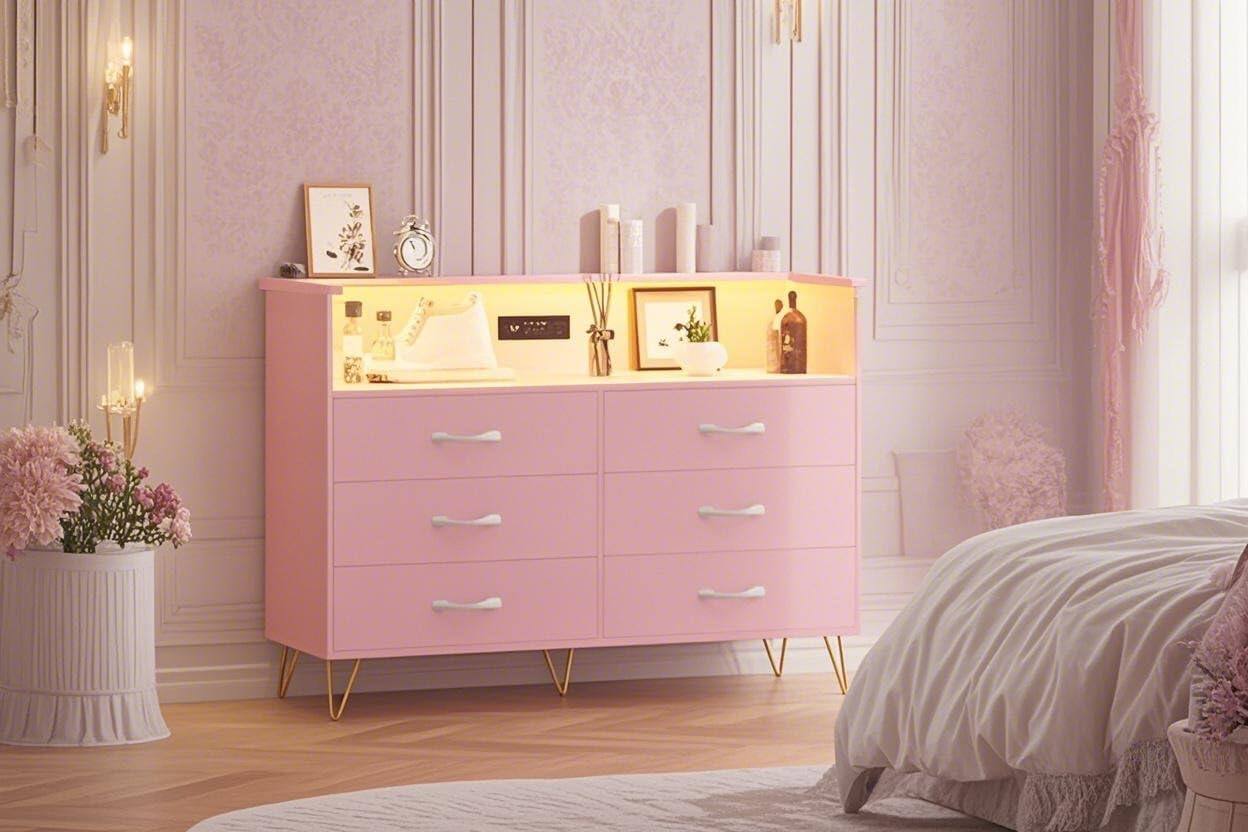 Alt View 6. GARVEE - Dresser for Bedroom with LED Light & Power Outet, 6 Drawers Wooden Dressers with 2-Tier Open Space - pink.
