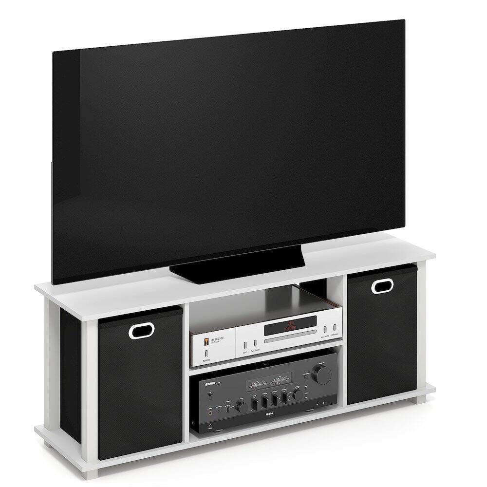 Back. Furinno - ECON TV Stand, 3-Tier Rectangular Entertainment Center with Open Back and Storage Bins for TV up to 46 Inch, TV Console - White/White/Black.