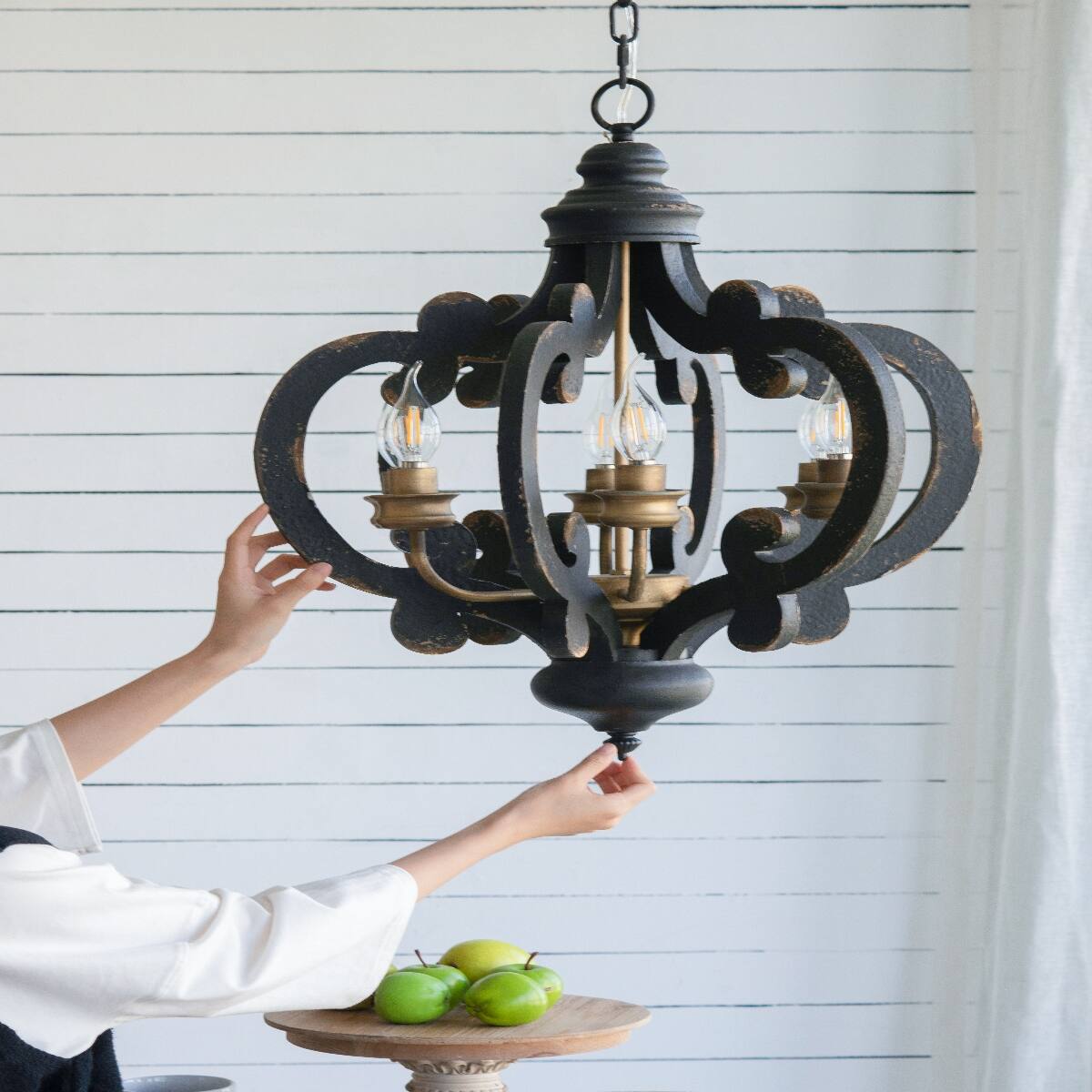 Alt View 3. Loheer - Loheer Six Light French Country Wood Chandelier with Adjustable Chain for Kitchen or Foyer.