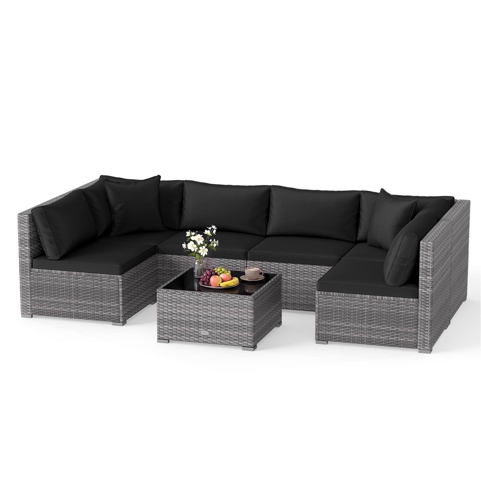 Alt View 1. Costway - 7PCS Patio Rattan Furniture Set Sectional Sofa Cushioned Garden - Black.