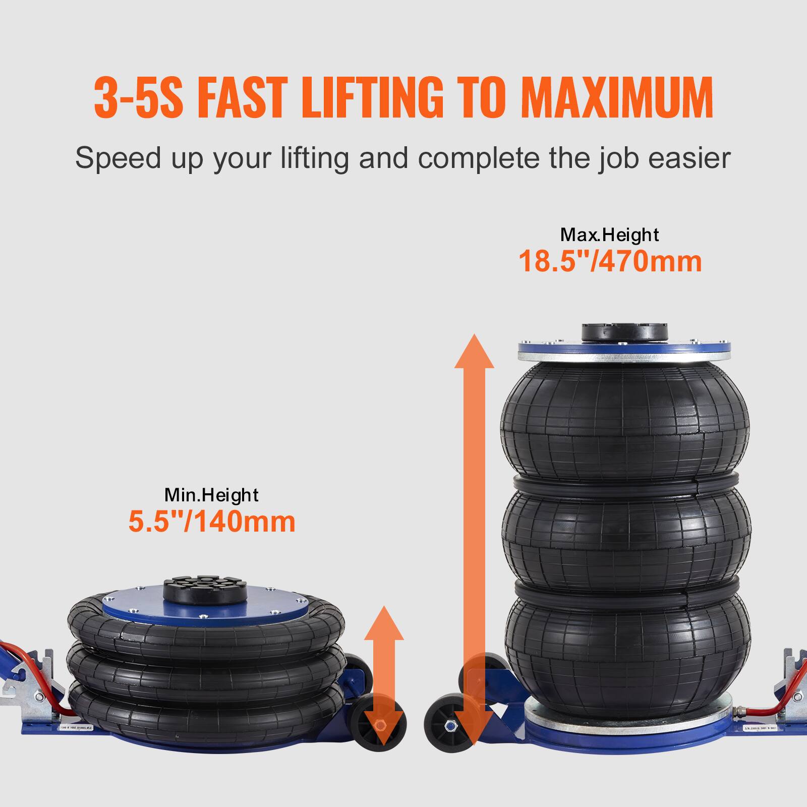 3-5S FAST LIFTING TO MAXIMUM  
Speed up your lifting and complete the job easier  
Max.Height 18.5"/470mm  
Min.Height 5.5"/140mm