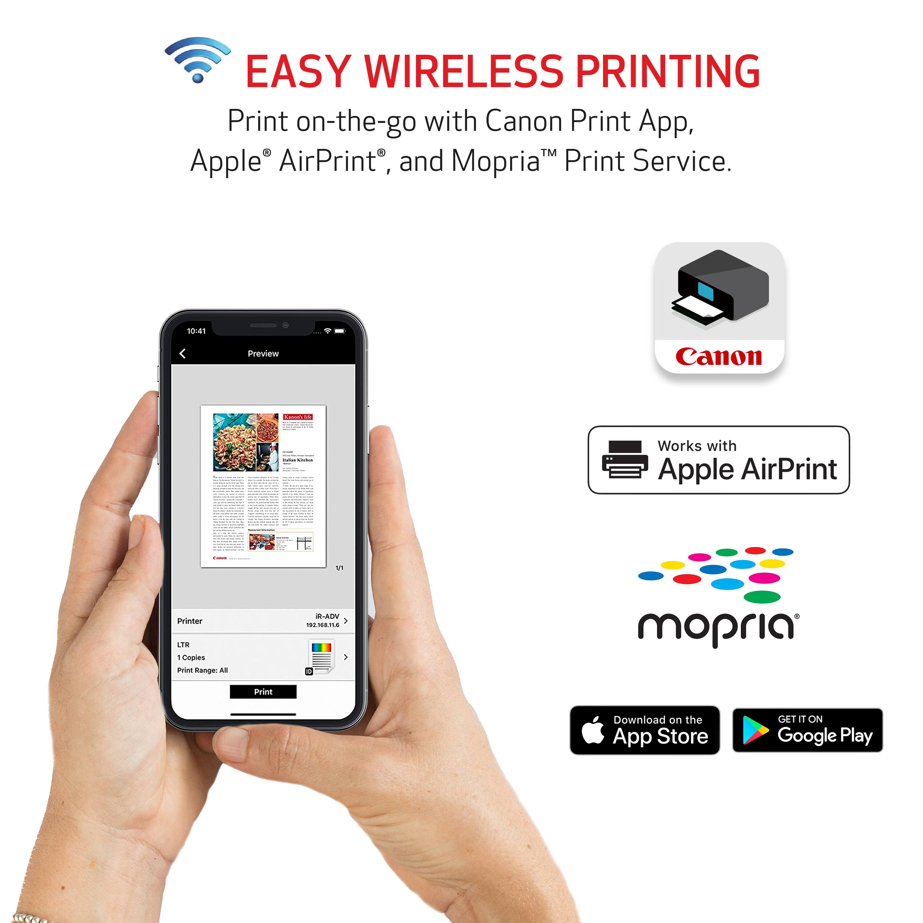 Easy Wireless Printing: Print on-the-go with Canon Print App, Apple AirPrint, and Mopria Print Service.
