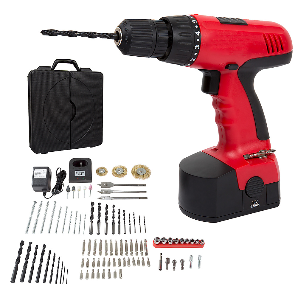 Fleming Supply Cordless Drill Tool Set- 89 Piece Drill Bits, Wire Brush Wheels, Router Bits, Grinding & Polishing Kit - Red, Black