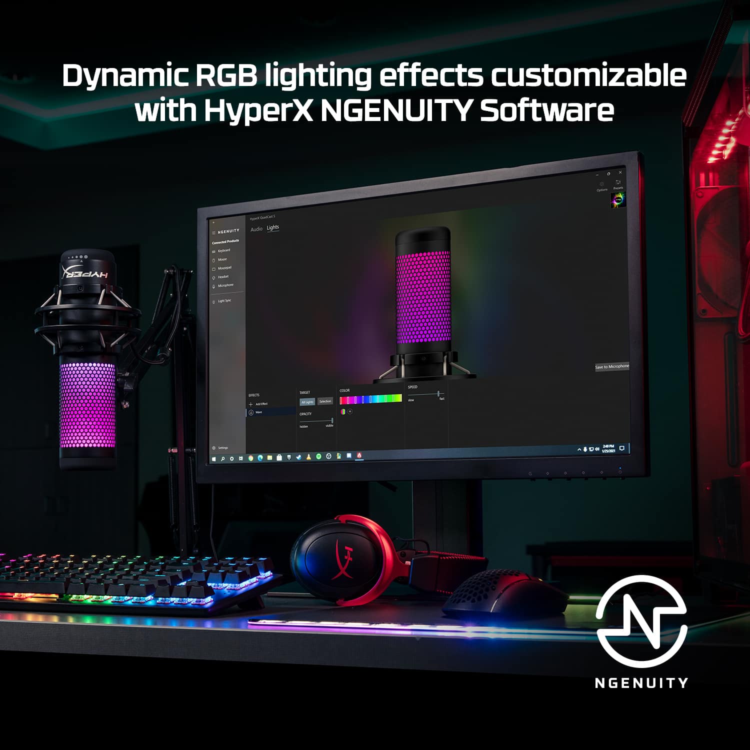 Dynamic RGB lighting effects are customizable with HyperX NGENUITY Software.