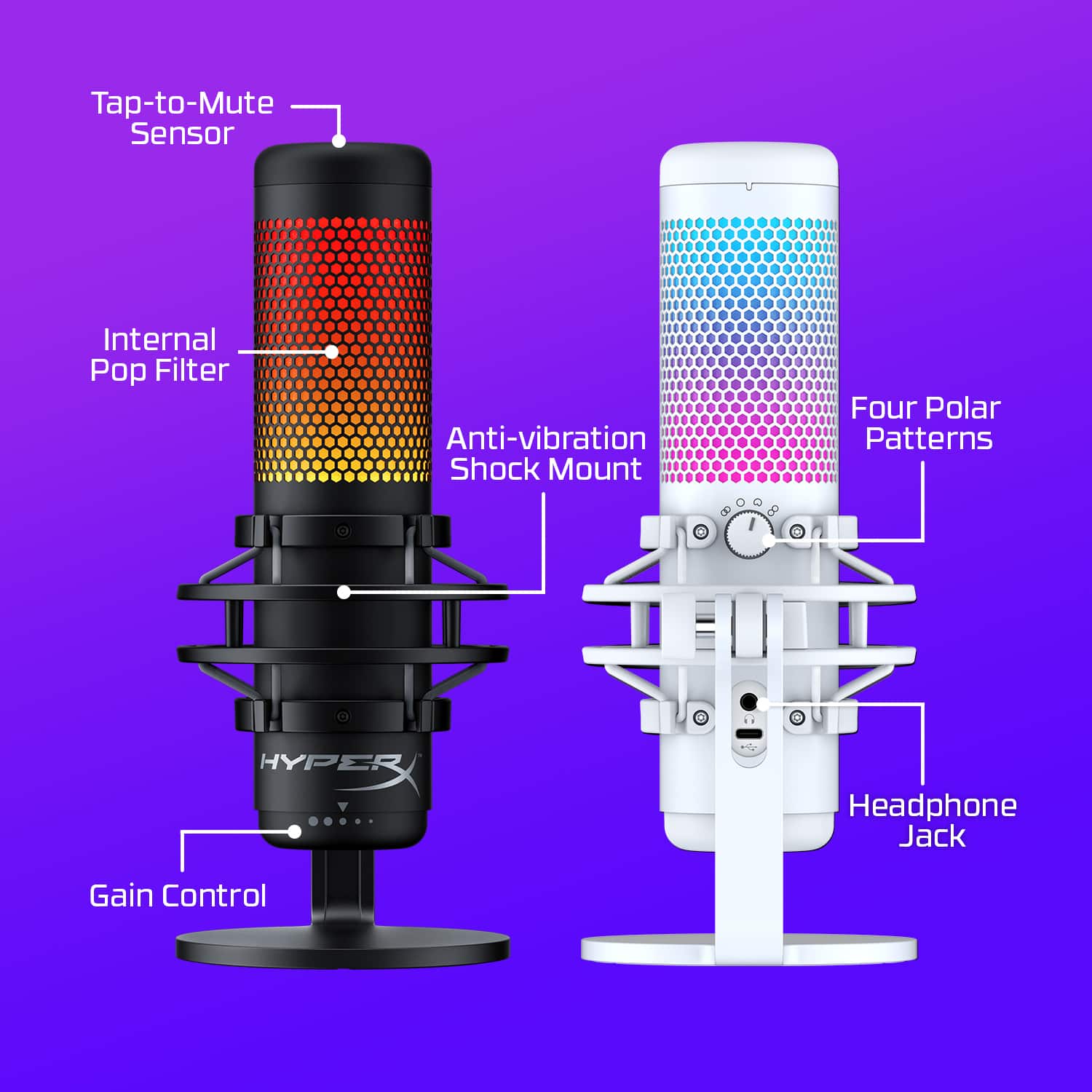 The image features two microphones, one black and one white, with labels explaining their various features. The black microphone has a tap-to-mute sensor, an internal pop filter, an anti-vibration shock mount, and four polar patterns. The white microphone has a headphone jack and a gain control. The labels provide information about the microphones' functions and design, making it easier for users to understand and utilize them effectively.