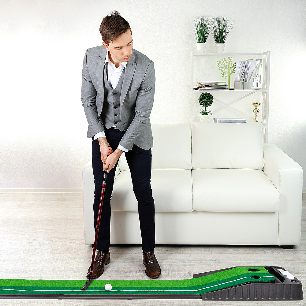 Hey! Play! - Putting Green with Gravity Fed Golf Ball Return-Indoor Outdoor Portable Practice Mat for Beginners or Experienced Golfer - Green