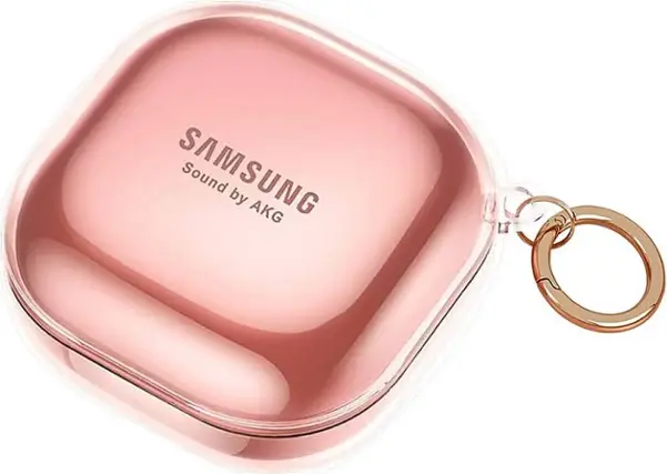 Angle. SaharaCase - Hybrid Flex Case for Samsung Galaxy Buds Live, Galaxy Buds Pro, Galaxy Buds2 Pro and Galaxy Buds FE - Clear Rose Gold.