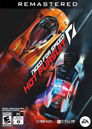 The image features a remastered version of the classic racing game Speed Racer. The game is called "Need for Speed: Hot Pursuit" and is available for PC digital download. The game requires an internet connection for product activation. The game is rated E10+ and is suitable for players of all ages. The game is developed by Criterion and published by Stellar Entertainment and EA. - E10+ (Everyone 10+)