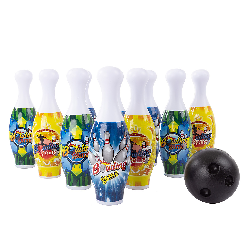 Hey! Play! - Toy Bowling Pin Set-10 Mini Plastic Pins and 2 Balls to Roll Indoor or Outdoor Fun Game Play for Adults, Kids, Toddlers