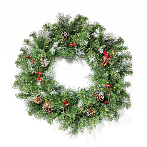Noble House - 24" Mixed Spruce Warm White LED Artificial Christmas Wreath with Glitter Branches, Red Berries, Pinecones - Green