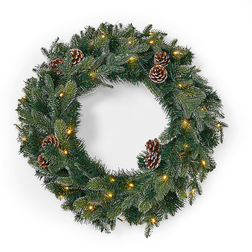 Noble House - 24" Mixed Spruce Pre-Lit Warm White LED Artificial Christmas Wreath with Pine Cones - Green