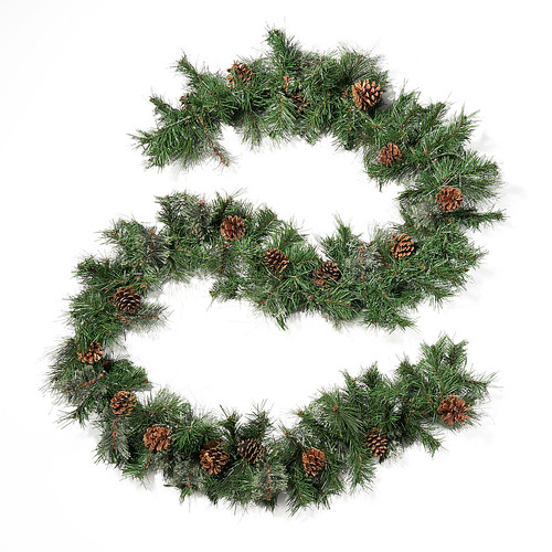 Noble House - 9-foot Mixed Spruce Pre-Lit Warm White LED Artificial Christmas Garland with Snowy Branches and Pinecones - Green