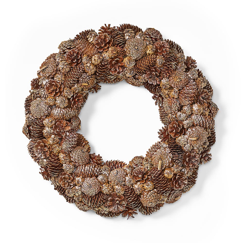 Front. Noble House - 18.5" Pine Cone and Glitter Unlit Artificial Christmas Wreath, Champagne - Champagne.