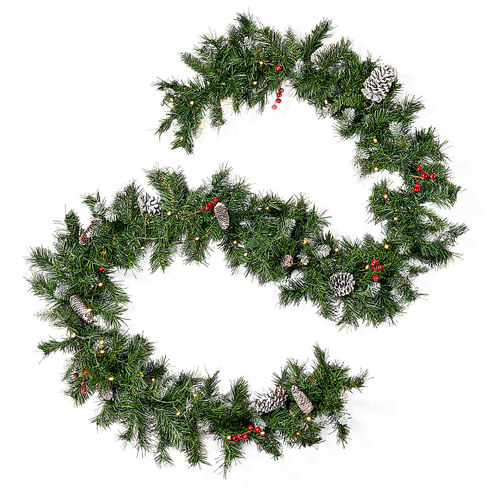 Noble House - 9-foot Mixed Spruce Pre-Lit Warm White LED Artificial Christmas Garland with Frosted Branches, Red Berries and Pinecones - Green