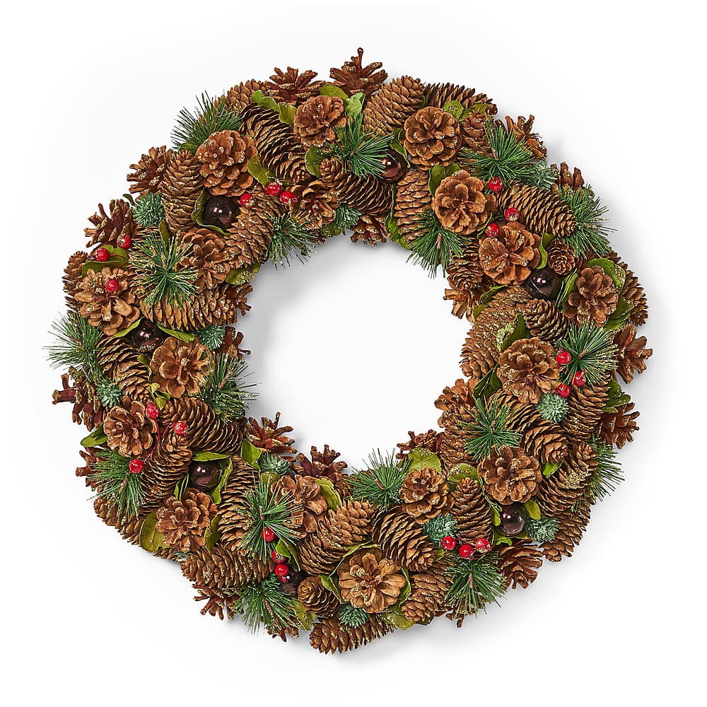 Front. Noble House - 18.5" Pine Cone and Glitter Unlit Artificial Christmas Wreath, Natural - Natural, Green.