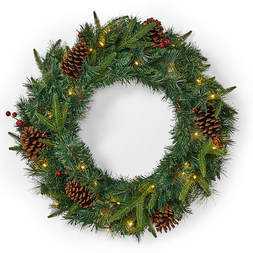 Noble House - 24" Mixed Pine Pre-Lit Warm White LED Artificial Christmas Wreath with Pine Cones and Berries - Green