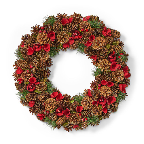 Noble House - 18.5" Pine Cone and Glitter Unlit Artificial Christmas Wreath, Natural and Red - Natural, Red