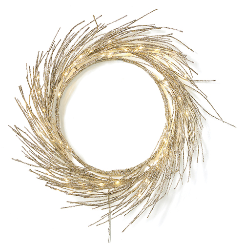 Noble House - 24" Pre-lit Warm White LED Artificial Christmas Wreath, Champagne Glitter - Champagne