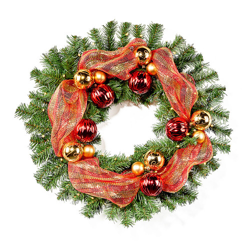 Noble House - 24-inch Noble Fir Pre-Lit Warm White LED Pre-Decorated Artificial Christmas Wreath - Green, Red, Gold