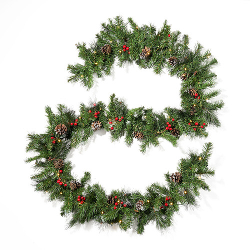 Noble House - 9-foot Mixed Spruce Pre-Lit Warm White LED Artificial Christmas Garland with Glitter Branches, Red Berries and Pinecones - Green