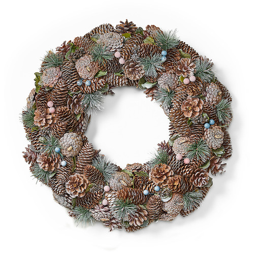 Noble House - 18.5" Pine Cone and Glitter Unlit Artificial Christmas Wreath, Natural and White - Natural, White