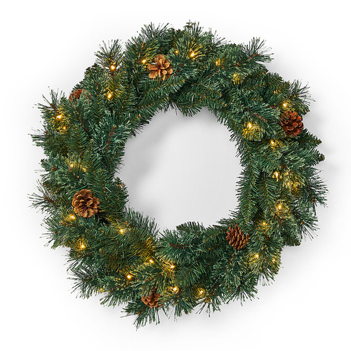 Noble House - 24" Mixed Pine Pre-Lit Warm White LED Artificial Christmas Wreath with Pine Cones - Green