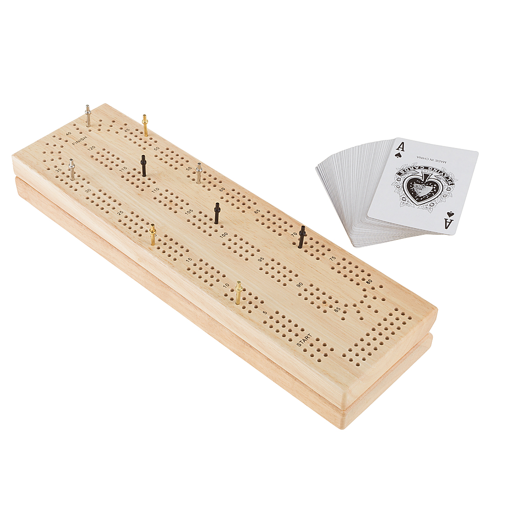 Hey! Play! - Wood Cribbage Board Game Set- Complete Set With Playing Cards, Pegs, Wood Board and Storage Area