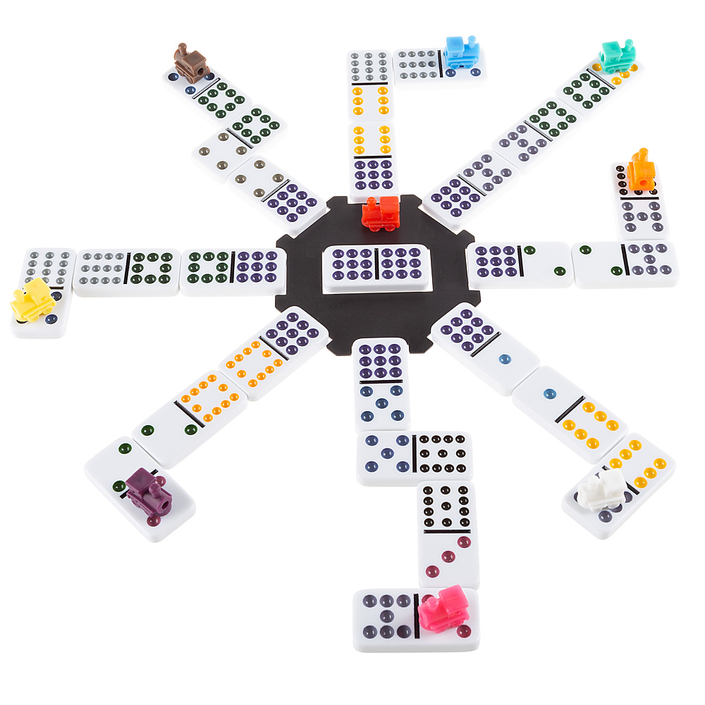 Hey! Play! - Mexican Dominos – Train Style Set with 91 Colorful Tiles in Suits 0-12 with 9 Plastic Trains and a Center Hub