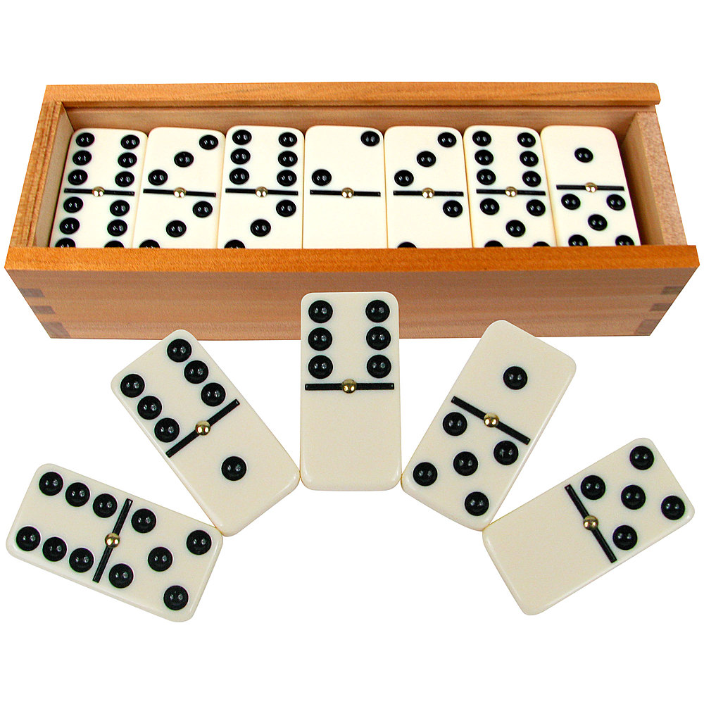 Toy Time - Double Six Dominoes Set- 28-Piece Tile Set, Spinners and Wooden Storage Case - Black/Ivory