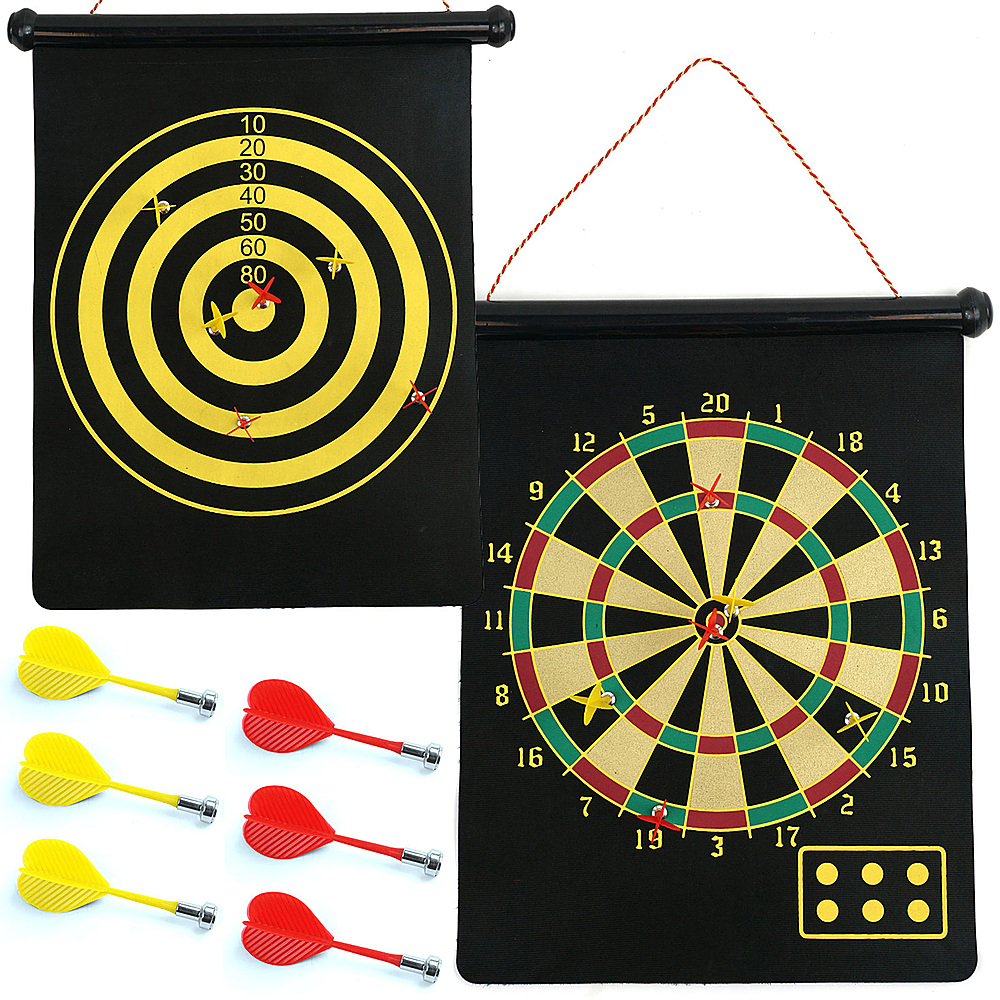 Toy Time - Magnetic Dart Board – Reversible Dartboard and Bullseye Game with 6 Magnetic Darts – Rolls Up for Convenient Storage - Yellow, Red