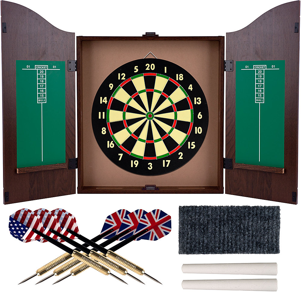 Toy Time - Dartboard Cabinet Set- Self Healing Dart Game in Hanging Protective Case with Walnut Finish 6 Steel Tip Darts - Walnut