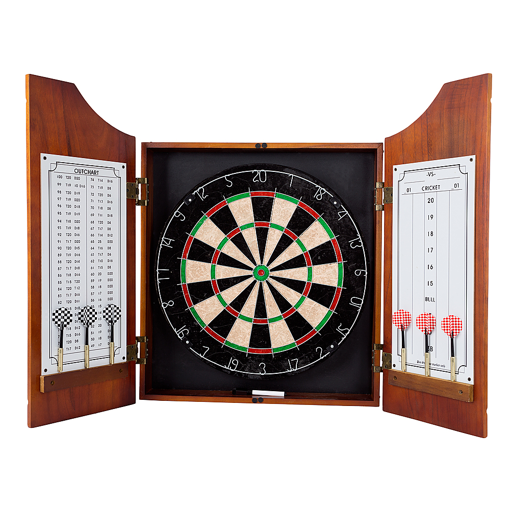 Toy Time - Beveled Wood Dart Cabinet - Pro Style Board and Darts - Pine